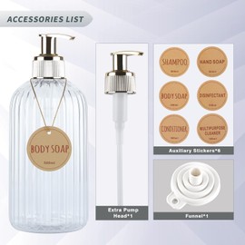 DEROANBOTT Dispensador de champú y acondicionador de baño, botellas de plástico reutilizables para champú y gel de ducha, con etiquetas impermeables, dispensador de jabón con bomba (transparente)
