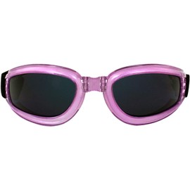 Birdz Eyewear Cardinal Padded Floating Motorcycle Goggles for Women Translucent Pink Frame with Clear Lenses Folding Goggles (Super Dark)