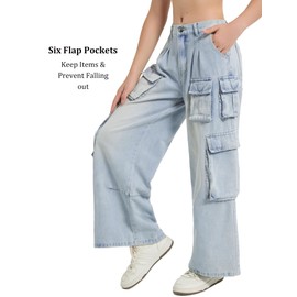 EXARUS Girls Jeans Teen Baggy Wide Leg Cargo Pants Denim with Pockets Back Elastic Waist Mid Rise Casual Washed Light Blue 10Y