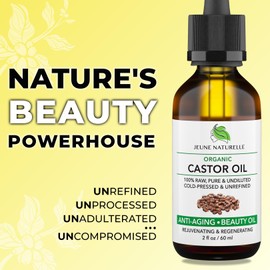 Jeune Naturelle Castor Oil Organic, Cold Pressed Unrefined - 100% Pure, Raw, Virgin, Undiluted for Hair Growth, for Face, Eyelashes, Eyebrows, Hexane Free Organic Castor Oil for Hair, 2 oz