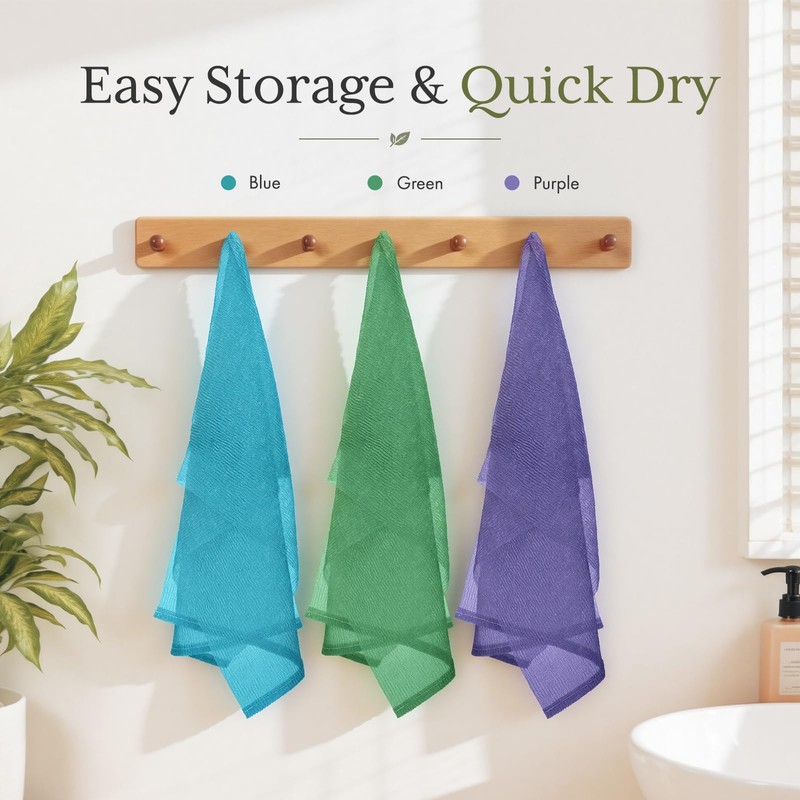 Exfoliating Washcloth Towel- Japanese Shower Back Scrubber, 3 Pack