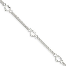 Solid 925 Sterling Silver 10inch Polished Love Heart Anklet Bracelet - with Secure Lobster Lock Clasp 10"