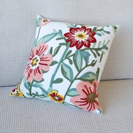vctops Floral Embroidered Pillow Covers 18x18 Inch Spring Summer Cotton Tufted Throw Pillow Cover Outdoor Garden Cushion Case for Sofa, Bed, Living Room (Flower D,18"x18")