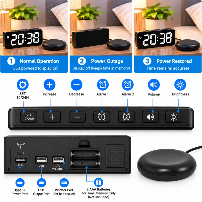 Vibrating Alarm Clock for Heavy Sleepers – Large LED Display