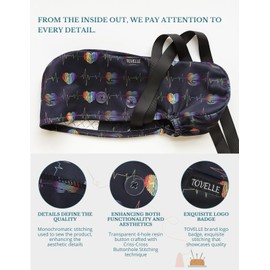 Scrub Caps Women Ponytail – Black ECG Rainbow Heart Double-Sided Printed Surgical Hat with Buttons and Sweatband, Soft Nurse Cap for Long Hair, Helps Reduce Static Buildup