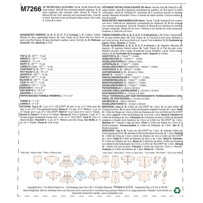 McCall's Patterns M7266 18" Retro Doll Clothes, One Size