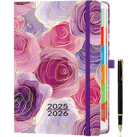 2025-2026 Academic Diary A5 Page a Day from Aug 2025 - July 2026, Daily Planner Organizer with Month View, Pen Set, Colorful Monthly Tabs, Inner Pocket - (5.9" × 8.5") Pink Rose