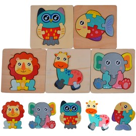TLHWIN Wooden Puzzles for Toddlers, Toys for Kids, 5 Pieces, Animal Puzzle, Montessori Educational Toy, Games, Skills, Wooden Toy Set for 1+ Years, Baby, Girls, Boys (Animal)