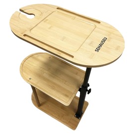 SEHAUSEU 3 Layer Bath Tub Tray Table,Modern Bamboo & Metal Design Bathtub Side Table,360° Swivel Height Adjustable Couch Side,Thickened Base Plate Less Wobbly,Arm Table with Cell Phone