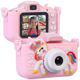 Playtastic Selfie-Kinderkamera, 2''-IPS-Display, 1080p, USB-C, rosa Einhorn-Hülle