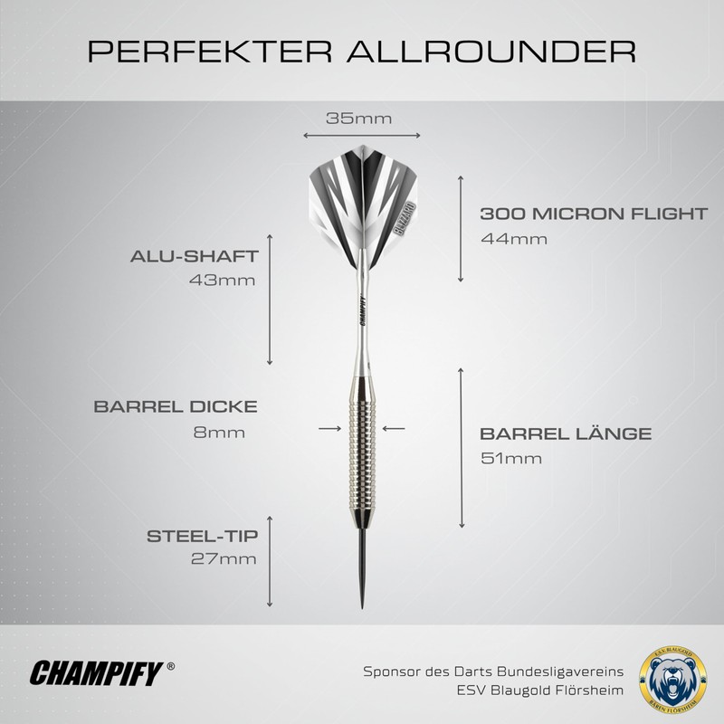 Champify Brass Darts Set "Blizzard" with 18 g Barrel and