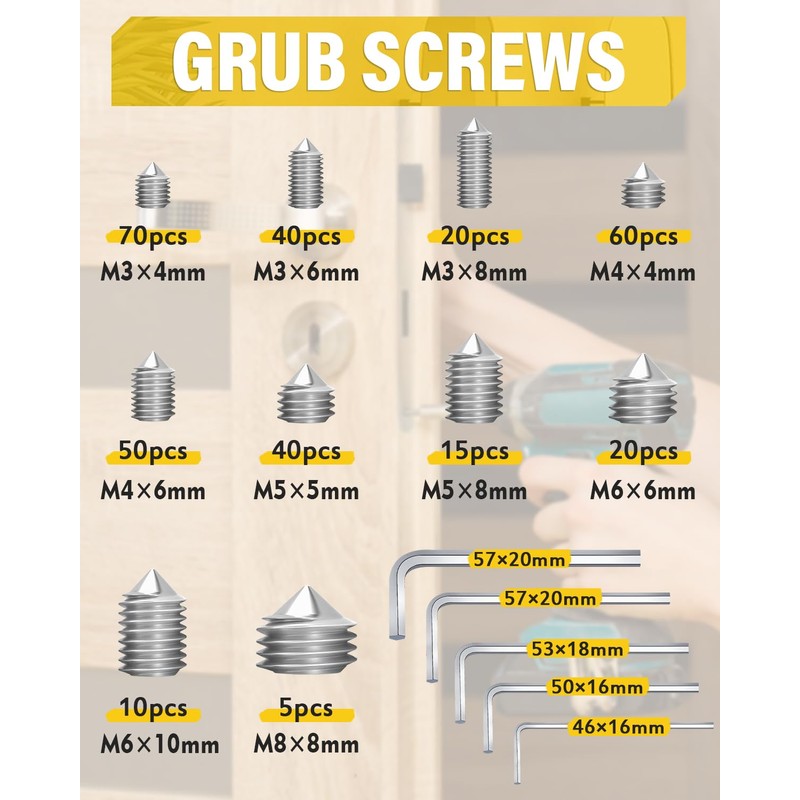Caianwin 330 Pieces Tapered Point Grub Screws Set M3 M4