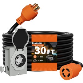 Gloppers 30 Amp Generator Cord and Power Inlet Box, 30FT 125V/250V 4 Prong SJTW Generator Extension Cord, Pre-Drilled 30 Amp Inlet Box Interlock Kit NEMA L14-30P to L14-30R Twist Locking ETL Listed