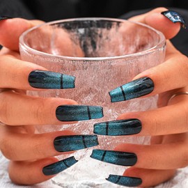 Sethexy Sparkle Cat Eye Handmade Artificial Nails Natural Shiny Long Coffin Artificial Nail Blue Press on Nails Durable for Women and Girls