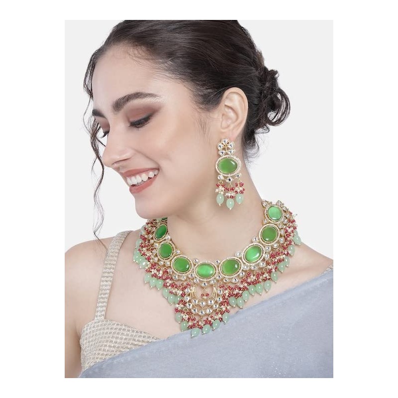 I Jewels Gold-Plated Pink Kundan Studded Beaded Jewellery Set for