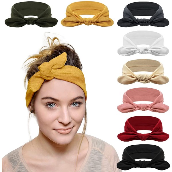 DRESHOW 8 Pack Headbands for Women Bow Knotted Hair Band Facial Cloth Rabbit Ears Running Sport Elastic Hair Wrap