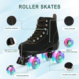 jessie Roller Skates Women High Top Cowhide Adjustable Shiny Light up Four-Wheel Women Roller Skates Adult Boys Girls with a Shoe Bag Indoor Outdoor Roller Skates(Women Size 10 / Men Size 8)