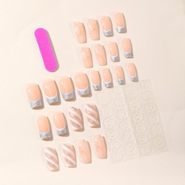 Winter Press on Nails Snowflake Fake Nails, LPOODDNU Christmas Press on Nails Medium Square False Nails Glossy Silver Glitter Glue on Nails Cute Winter Xmas Stick on Nails Medium for Women, 24Pcs