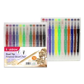 Liquidraw Dual Tip Brush Pens Fineliner Colouring Set Fineliners Coloured Watercolour Markers In Case For Adult Colouring Books, Sketching, Painting, Calligraphy, Drawing & Lettering (12)