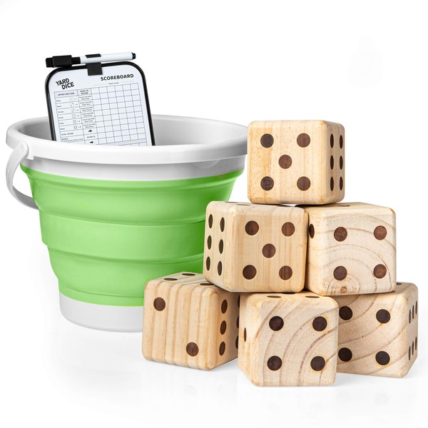 Play Platoon Yardzee Outdoor Game with Bucket - 3.5" Giant Wooden Yard Dice Includes 6 Lawn Dice, Collapsible Bucket, Score Cards & Dry Erase Marker