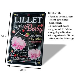 Lillet Wild Berry Cocktail Recipe Tin Sign - Retro Decorative Sign - Metal Sign for Decoration of Kitchen Beach Bar Pub Cellar Bar Lounge Pub - Instructions for Long Drink Mixing - 20 x 30 cm