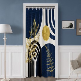 QGHOT Mid Century Modern Navy Blue Shower Curtain Boho Dark Blue and Gold Leaves Shower Curtains for Mens Bathroom Decor Sets, Waterproof Cloth Fabric with Hooks, 48x72in