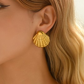 foyjoey Gold Earrings for Women 18K Gold Plated Chunky Starfish Seashell Conch Flower Pearl Stud Earrings Hypoallergenic Circle Link Dangle Earrings Trendy Jewelry