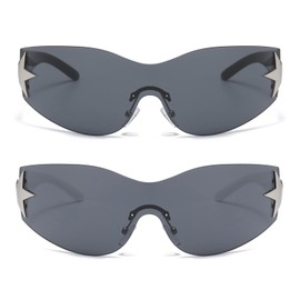 Long Keeper Trend Y2k Wrap Around Sunglasses for Men and Women, Vintage Rimless Sunglasses Women Large with Star UV Protection Fashion Retro Rave Glasses, Black Frame/Grey + White Frame/Grey