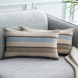 NATUS WEAVER 2 Pieces Decorative Classic Retro Stripe Throw Pillow Cover Soft Faux Linen Modern Farmhouse Lumbar Cushion Case for Sofa Bedroom Car 12 x 18 Inch Grey Blue Mixed