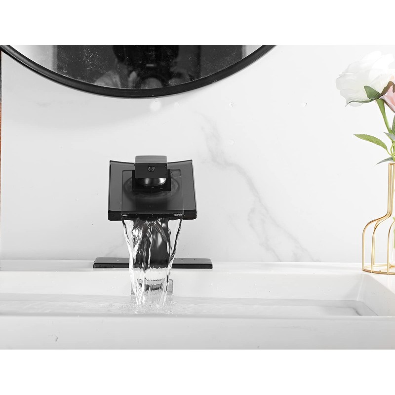 Bathroom Faucet Black Waterfall Glass Spout Single Handle One Hole
