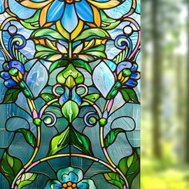 Nuxovilar Stained Glass Floral Window Film, 17.7×39.4inch, Colorful Flower Pattern Static Cling for Home & Decor (Sparkle)
