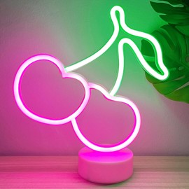 HOHOSIGN Cherry Neon Sign Lights LED Lamp Cherry Decor Birthday Party Decorations, Green Pink Accessories for Women, Fruit USB/Battery Operated Neon Sign for Table Decor Room Home Girls Bedroom