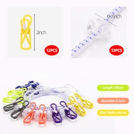Retractable Travel Clothesline, 180cm Portable Clothes Line with 12 Clothespins Chip Clips and 13 Cord Lock for Indoor Laundry Drying line, Outdoor Camping Accessories