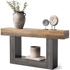 LITTLE TREE 63 Inches Long Console Table, 2-Tier Farmhouse Sofa Table Behind Couch, Large Narrow Entryway Table for Living Room, Wooden Hallway Foyer Table with Heavy Duty Base, Rustic Brown and Grey