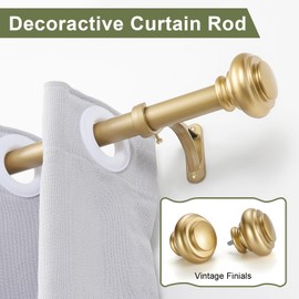 72-144 Inches Curtain Rods for Window, Vimayta 1 Inch Diameter Drapery Rod with Resin Finials, Ideal Adjustable Heavy Duty Single Curtains Rod for Bedroom, Living Room Decoration, Warm Gold