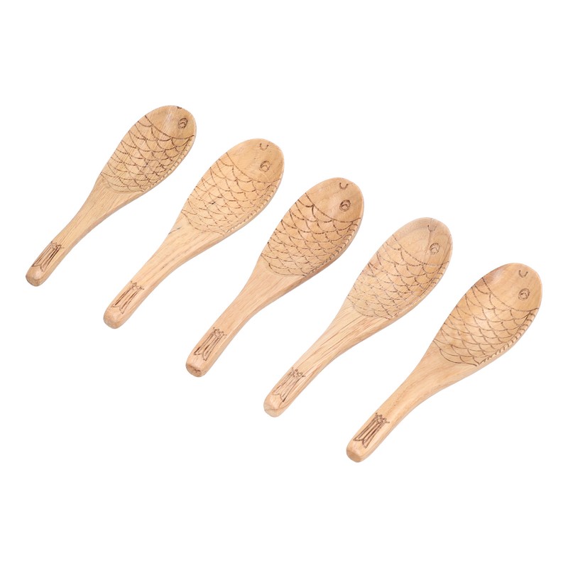 5Pcs Soup Spoon Fish Shaped Carved Wooden Rice Spoon Kitchen