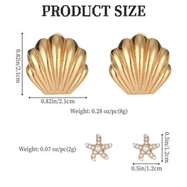 2 Pairs Gold Seashell Earrings and Gold Starfish Earrings for women, Beach Summer Chunky Gold Stud Earrings Vintage Boho Beach Vacation Jewelry Gifts
