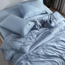 DOZ Sheet Set, 100% Viscose derived from Bamboo, Organically Grown, Buttery Soft, Cooling Sheets, High GSM, Deep Pockets - 3 Piece - 2 Pillowcases 1 Fitted Sheet (Sky, Queen)