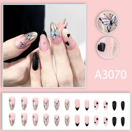 NEWSPIED Press on Nails Almond Short Fake Nails Glossy Nude Pink Full Cover Stick on False Nails with Butterfly Heart Designs Artificial Almond Shaped Glue on Nails for Women 24Pcs