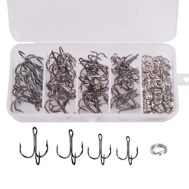 Fishing Treble Hooks Kit - 100pcs/170pcs High Carbon Steel Treble Fishing Hooks and Round Split Rings Kit Saltwater Freshwater Hook Size 2 4 6 8 10 14