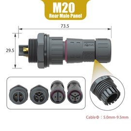 AOHUA M20 Waterproof Connector IP68 Outdoor Electrical Plug for 2 Or 3-pin Cables Ø 5.0-9.5mm UL Certification (Black)(4 Pack)