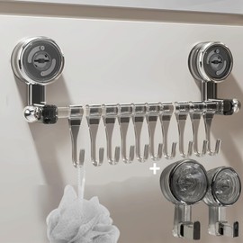 Jamniya Suction Cup Towel Bar, Adhesive with 2 Hooks for Shower Wall, 11.8 Inches Suction Cup Towel Holder, Removable Shower, ABS Bathroom Towel Holder, Towel Rack for Bathroom, Kitchen