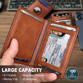 MIYOZI Airtag Wallet for Men 9-11Cards- with Money Clip Gift Boxed, Magnetic Closure Slim Genuine Leather Front Pocket Wallet, 3.9"x 2.7", RFID Blocking