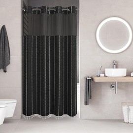 eachope No Hook Stall Shower Curtain with Snap-in Fabric Liner - 54x80 Heavy-Duty Linen Textured Striped Design,Narrow Rustic Modern Farmhouse Bohemian Bathroom Curtain,Water-Repellent,Black