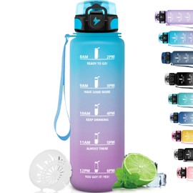 Grsta 1 Litre Sports Water Bottle with Filter, Leak-Proof Drinking Bottle with Motivational Slogan, Water Bottle with Time, Can Be Carried, for Bicycle, Gym, Camping, Outdoor, Blue/Purple