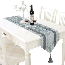 Grey Table Runner 13 x 120 Inch inches Long with Double Diamante Strip Elegant Rhinestone Dresser Runners for Dining Table