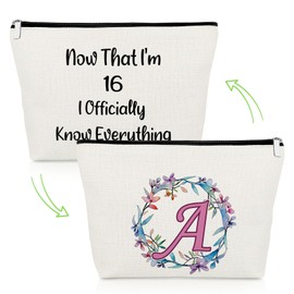 16 Year Old Birthday Gifts for Girls Initial Letter A Makeup Bag 16th Birthday Gifts for Granddaughter Friend Sister Daughter 26 Capital Alphabet with Floral Cosmetic Pouch Sweet 16 Birthday Gifts