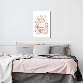 Fashion Perfume Canvas Wall Art: Glam Pink Butterfly Vogue Bottle Prints Picture Modern Chic Trendy Beautiful Gold Foil Painting Artwork for Makeup Room Girls' Bedroom