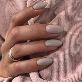 Beige Press on Nails Short Almond Fake Nails Press ons, Thick Solid Color Glue on Nails Short False Nails, Medium Almond Nails Oval Round Shaped Nails for Women, 24Pcs Natural Acrylic Gel Nails
