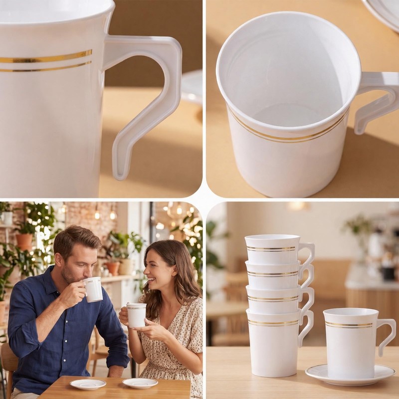 48PCS Plastic Coffee Mugs with Handles,8 OZ Disposable Gold Rimmed